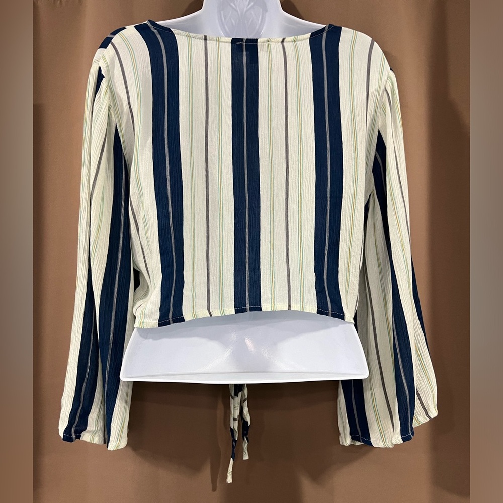 Patrons of Peace -Long Sleeve, Front-Tie Striped, Button Down Crop Top - Picture 3 of 3